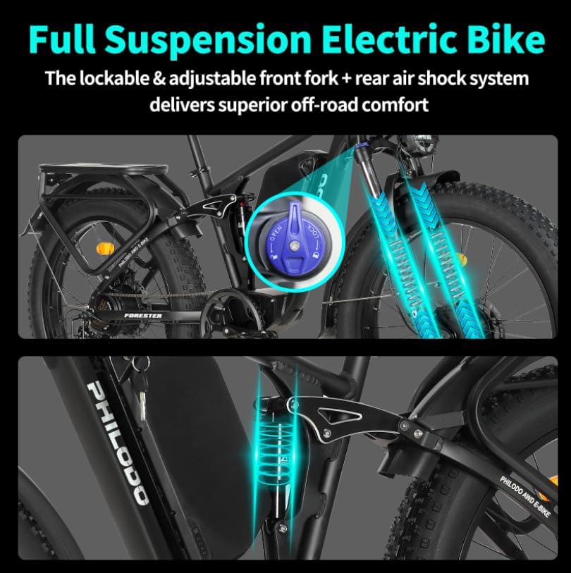 PHILODO Forester Electric Bike, 60V 25Ah Bike Battery for Long Range with 5000W Dual Motor Ebike for Adults, 26x4 Electric Bike Fat Tires for All Terrain Electric Mountain Bike