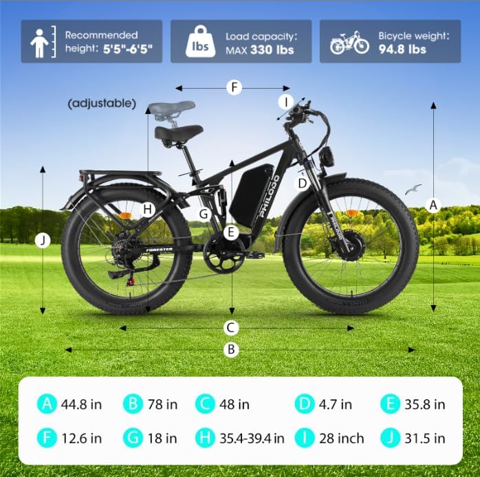 PHILODO Forester Electric Bike, 60V 25Ah Bike Battery for Long Range with 5000W Dual Motor Ebike for Adults, 26x4 Electric Bike Fat Tires for All Terrain Electric Mountain Bike