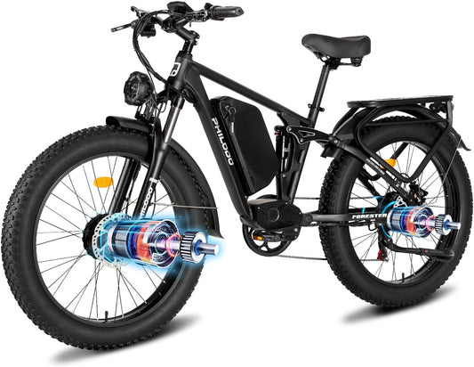 PHILODO Forester Electric Bike, 60V 25Ah Bike Battery for Long Range with 5000W Dual Motor Ebike for Adults, 26x4 Electric Bike Fat Tires for All Terrain Electric Mountain Bike