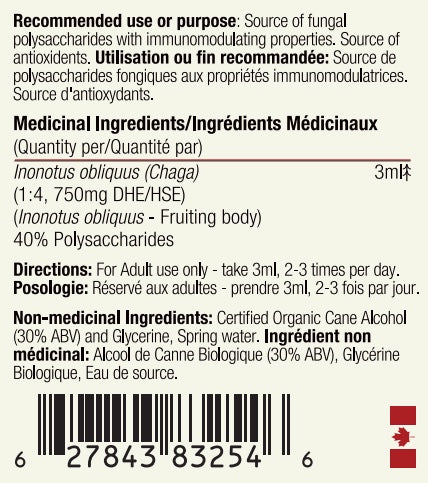 Chaga Mushroom Dual Extract|
Wild Chaga Tincture (250mg/ml)