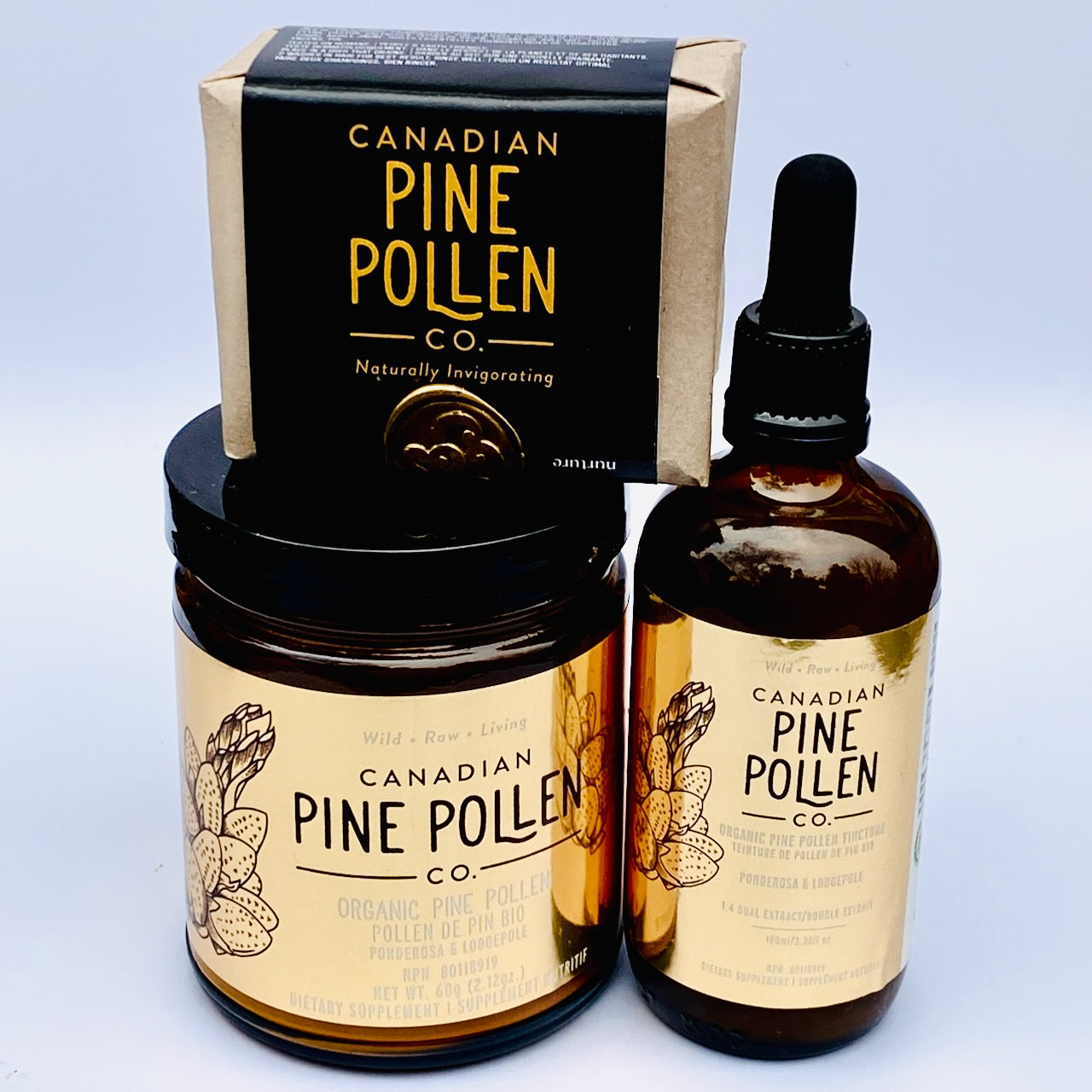 Wild Canadian Pine Pollen Gift Set : Original High Potency Canadian Pine Tincture, Duo Pine Pollen Powder 60g, Pine Pollen Aesthetics’s Soap Bar