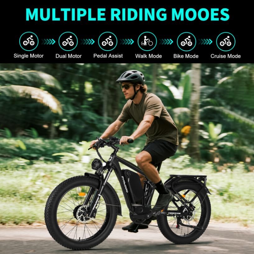 PHILODO Forester Electric Bike, 60V 25Ah Bike Battery for Long Range with 5000W Dual Motor Ebike for Adults, 26x4 Electric Bike Fat Tires for All Terrain Electric Mountain Bike