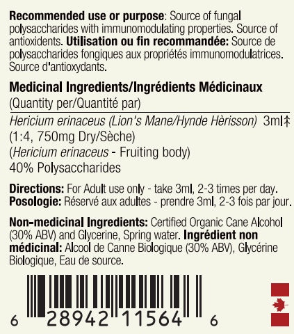 Organic Lion's Mane Tincture (250mg/ml)  | 1:4 dual extract- Fruiting body (100ml/3.4oz)